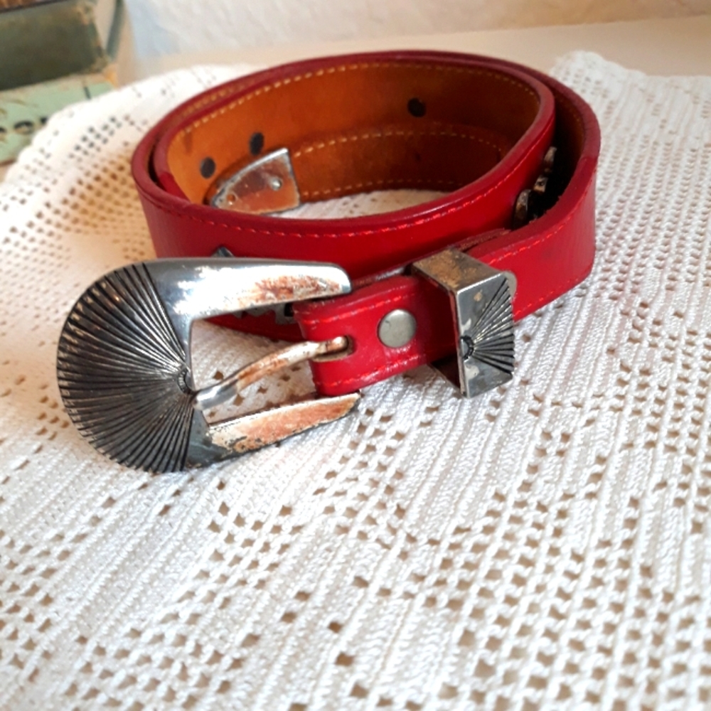 Vintage Leegan genuine leather red studded belt